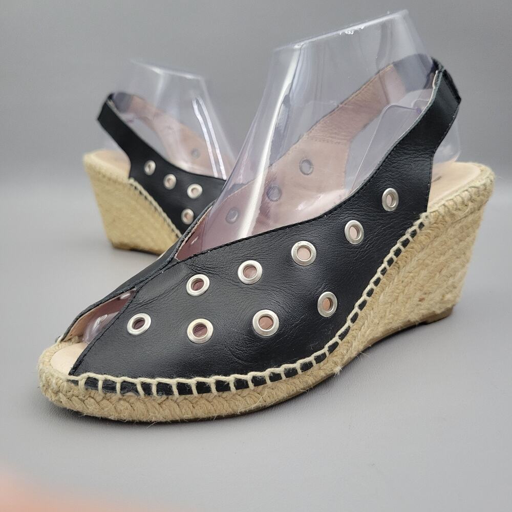 Eric Michael espadrille wedge black Leather sandals women US 7.5-8 Peep Toe